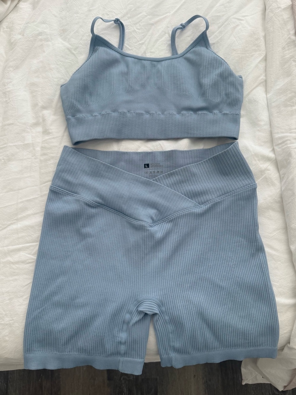 Ribbed Light Blue Seamless Bralette & High-Waist Shorts Set
